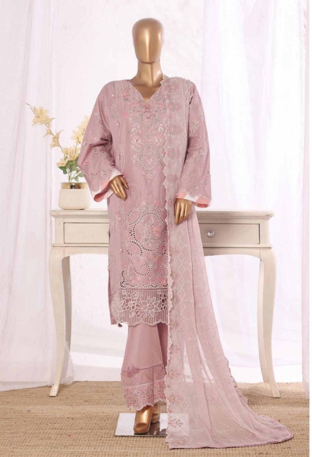 Binsaeed Stitched Embroidered Cotton Pastel Pink 3pc (D029-B)