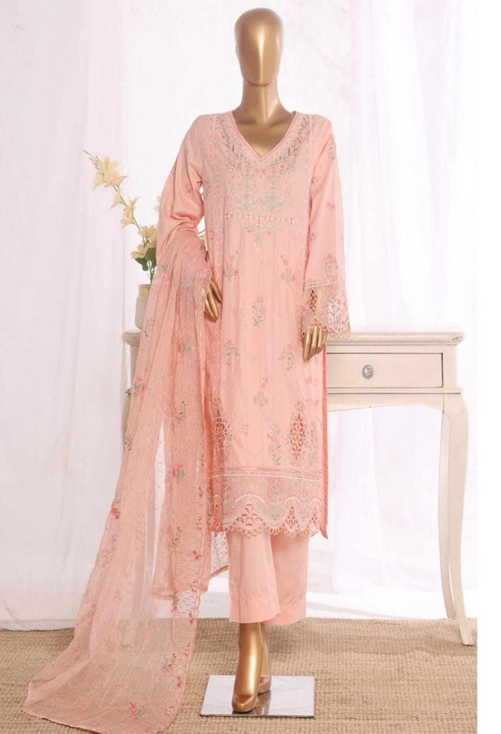 Binsaeed Stitched Embroidered Cotton Pink 3pc (D030-O)