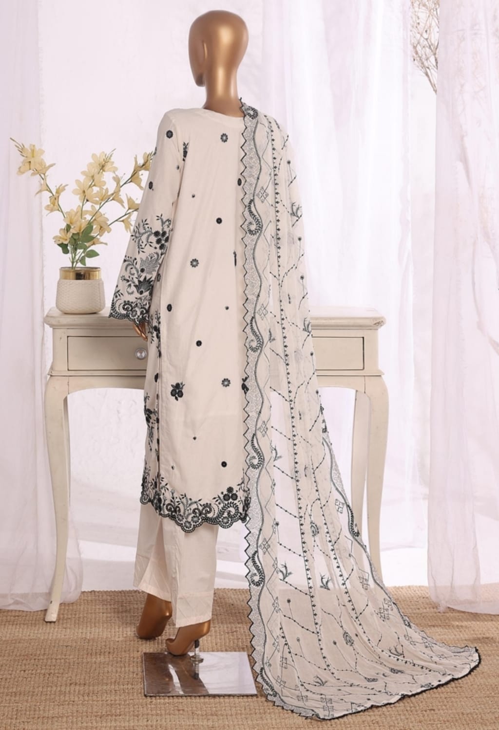 Binsaeed Stitched Embroidered Cotton White 3pc (D033-B)