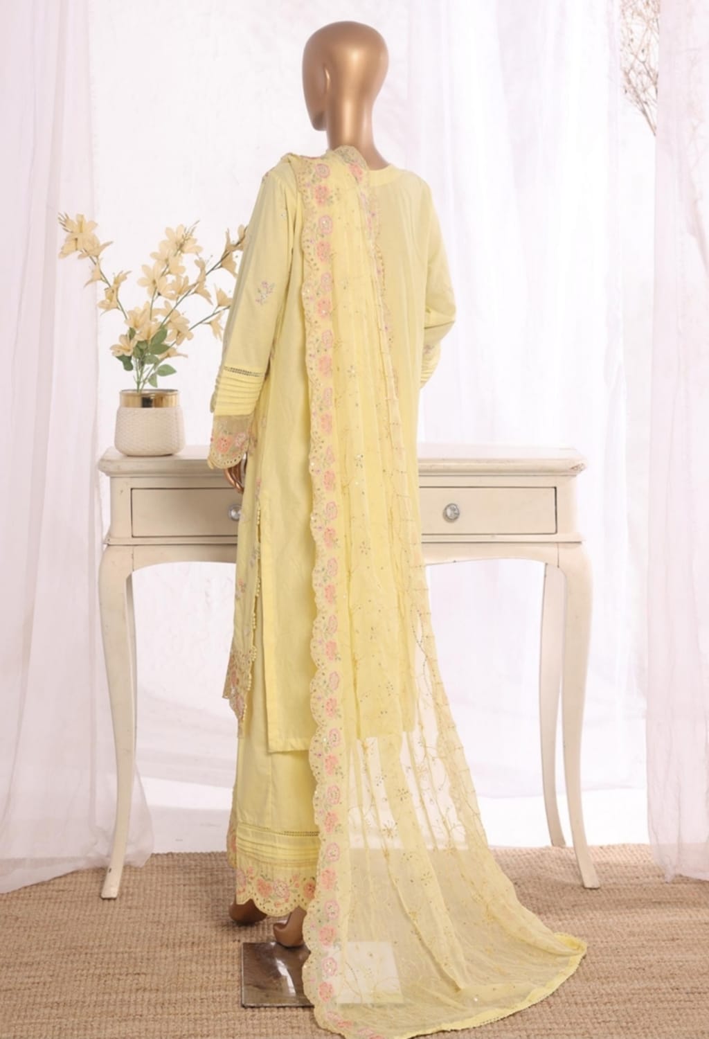 Binsaeed Stitched Embroidered Cotton Yellow 3pc (D031-O )