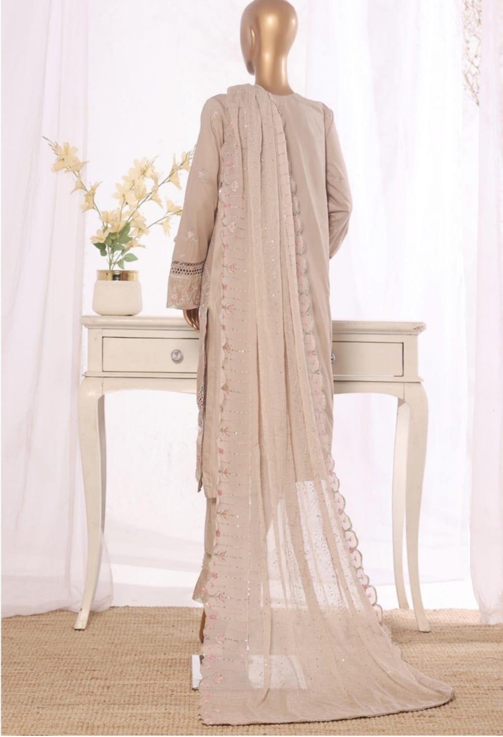Binsaeed Stitched Embroidered Cotton Beige 3pc (D026-Z)