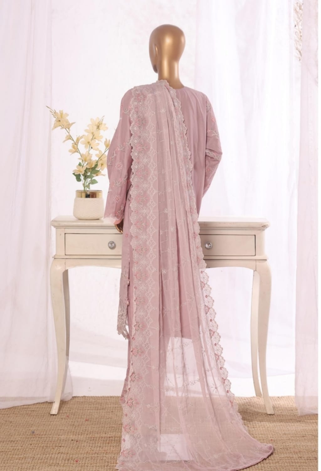 Binsaeed Stitched Embroidered Cotton Pastel Pink 3pc (D029-B)