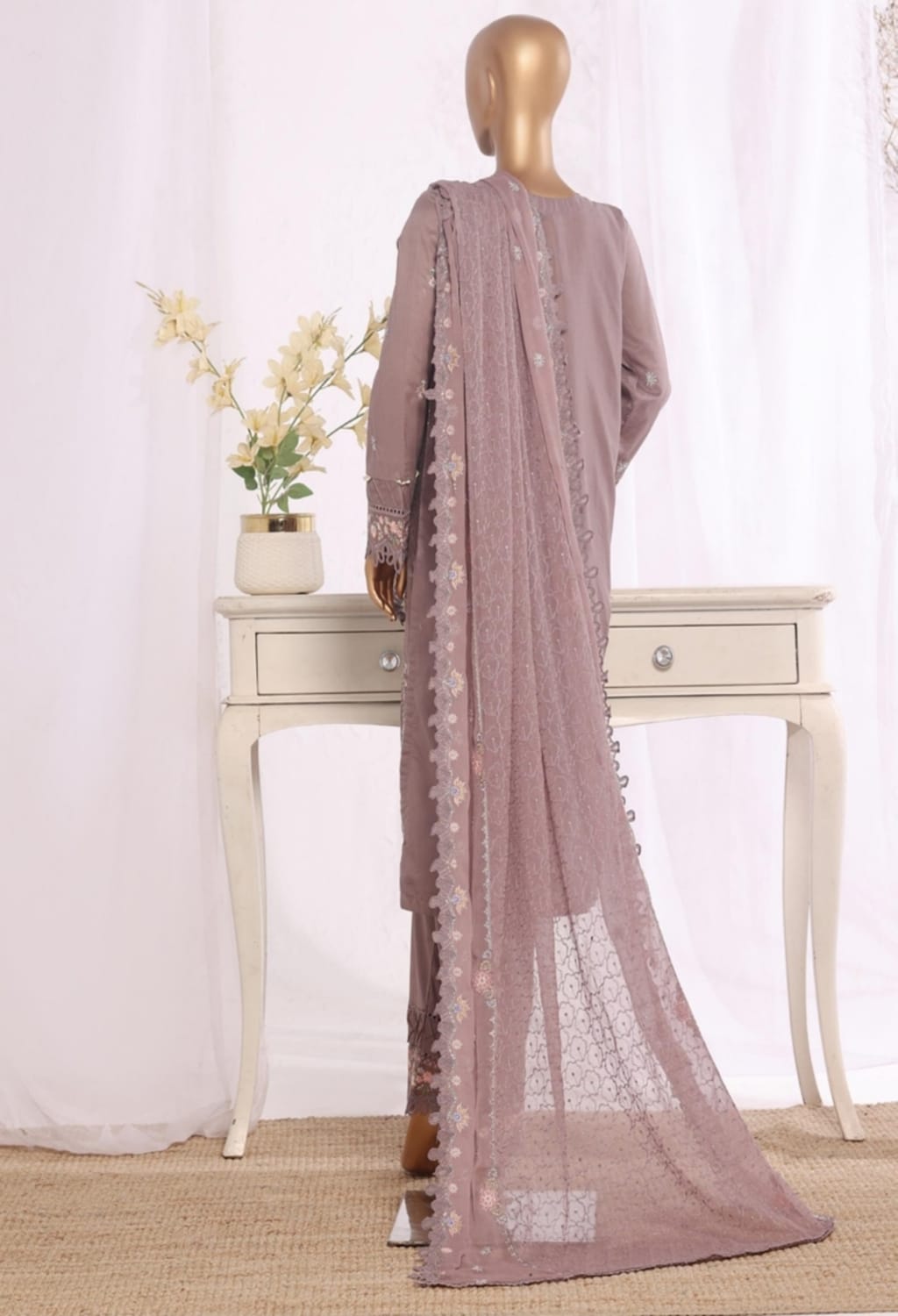 Binsaeed Stitched Embroidered Cotton Pastel Pink 3pc (D002-A)