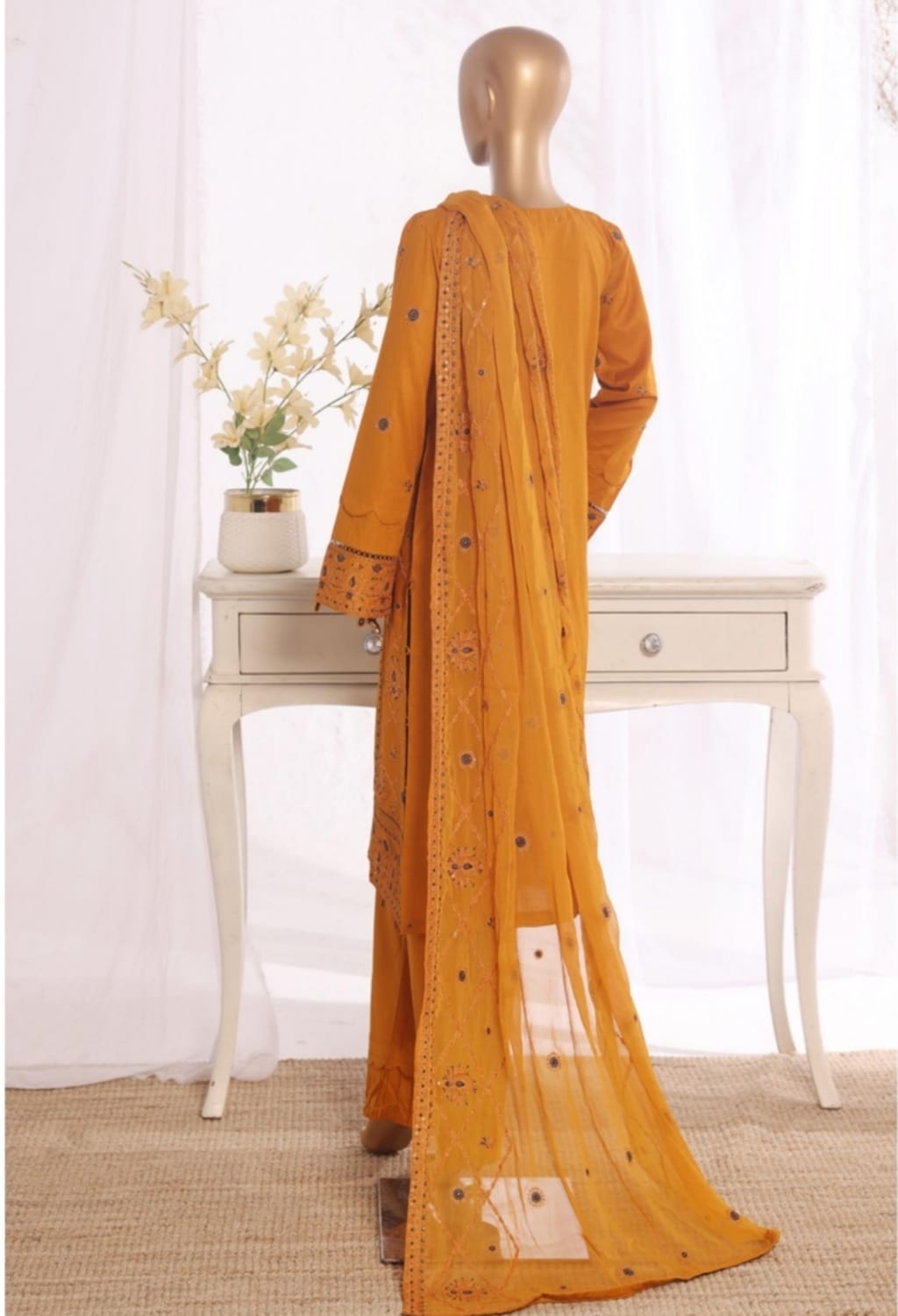 Binsaeed Stitched Embroidered Cotton Bronze 3pc (D038-R)