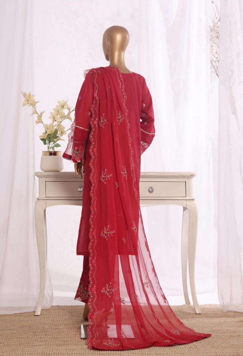 Binsaeed Stitched Embroidered Cotton Red 3pc (D017-A)