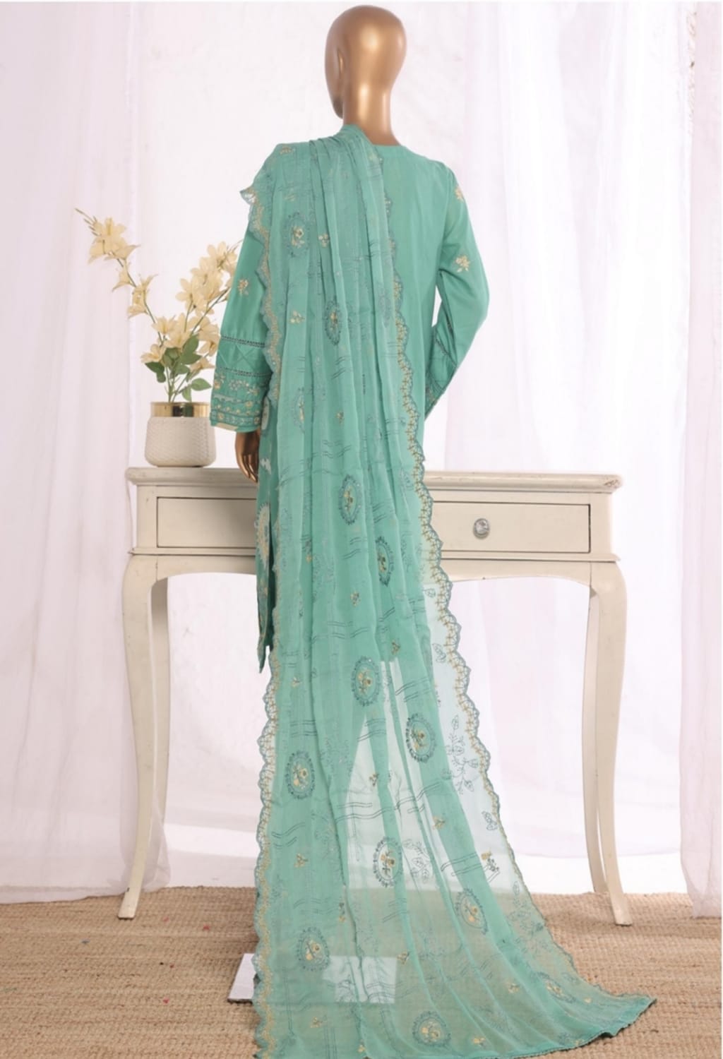 Binsaeed Stitched Embroidered Cotton Green 3pc (D039-A)