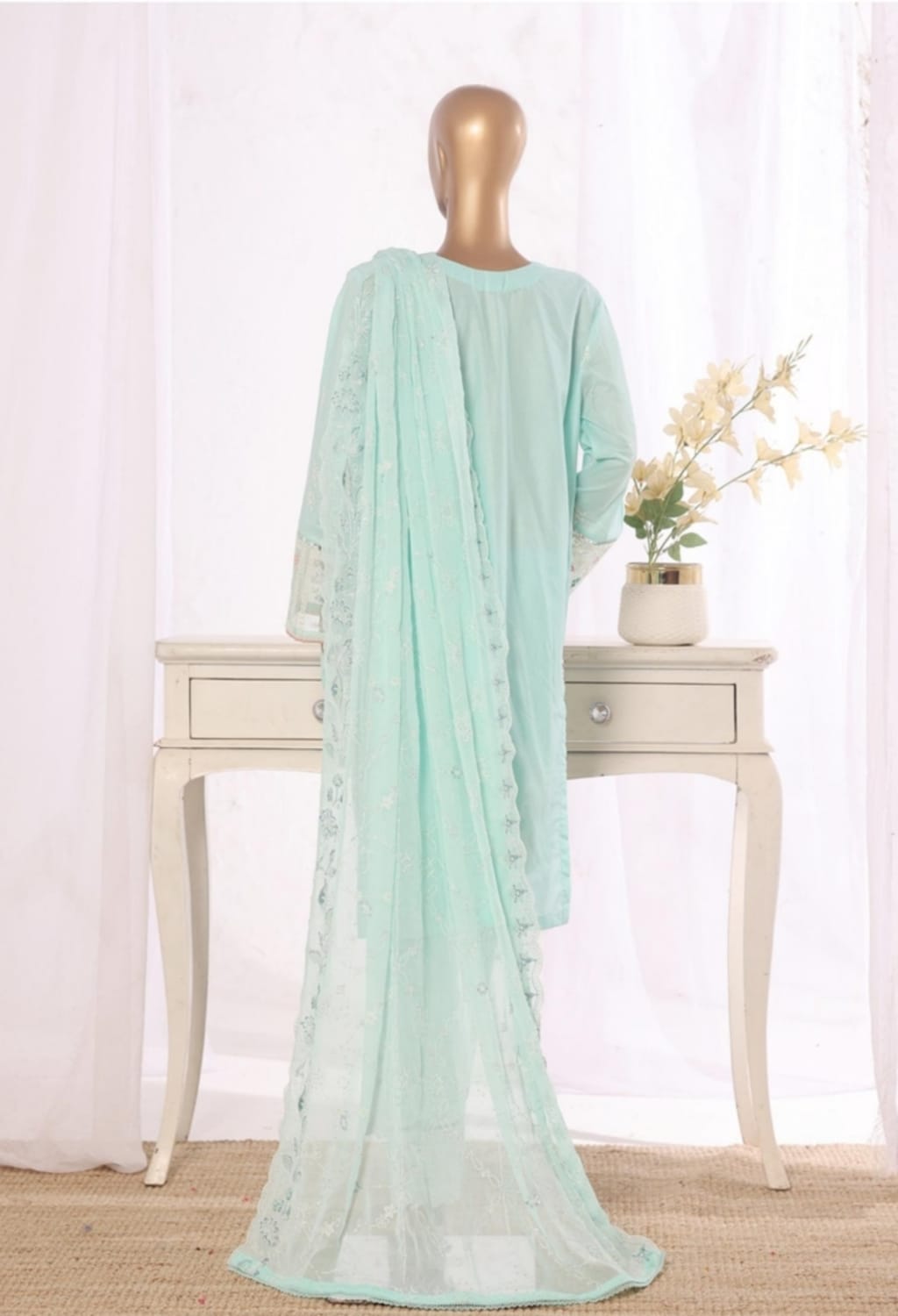 Binsaeed Stitched Embroidered Cotton Green 3pc (D019-B) FEROZI