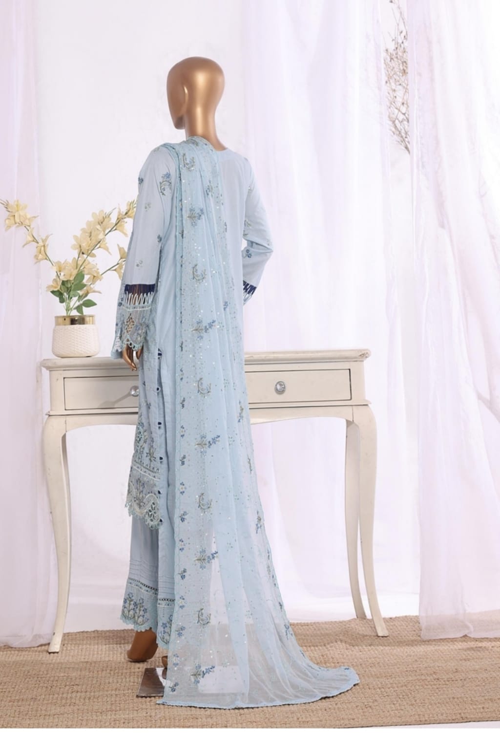 Binsaeed Stitched Embroidered Cotton Blue 3pc (D020-O)