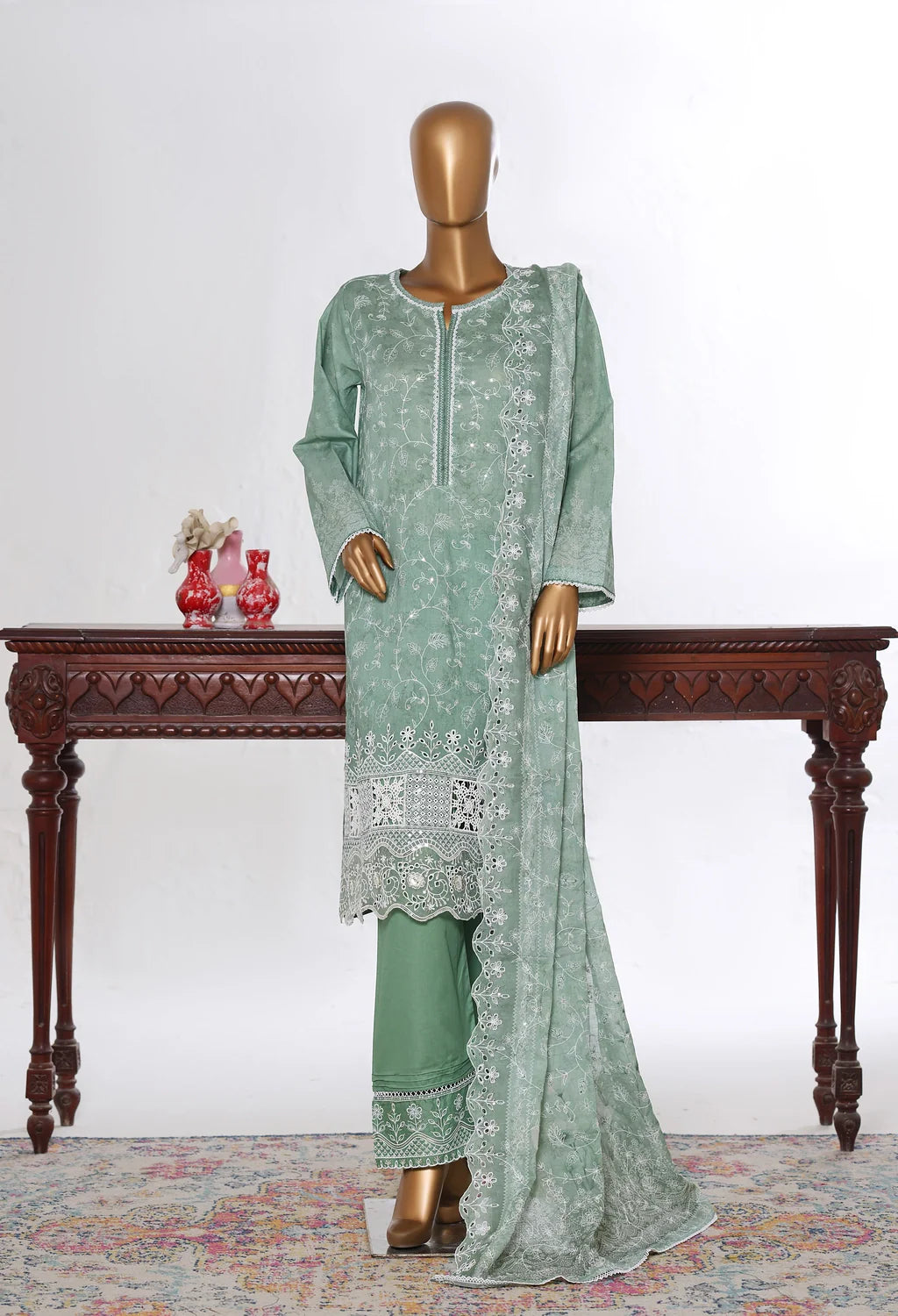 Binsaeed Stitched Green Embroidered Lawn 3pc (NSM 0233-AED)